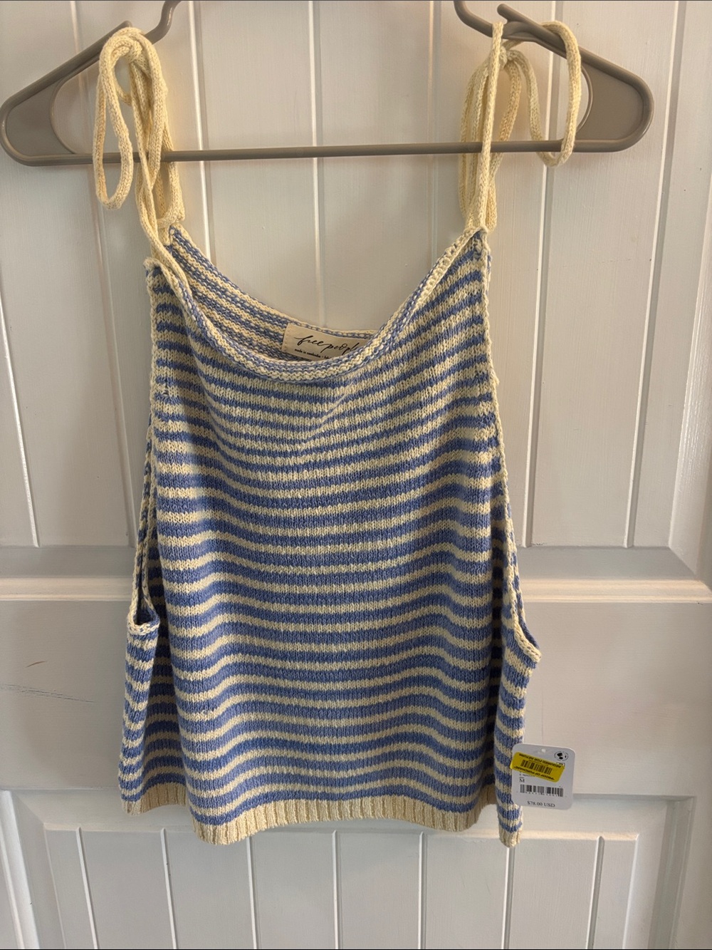 Free People Cream and Light Blue Striped Tie-Shoulder Knit Tank